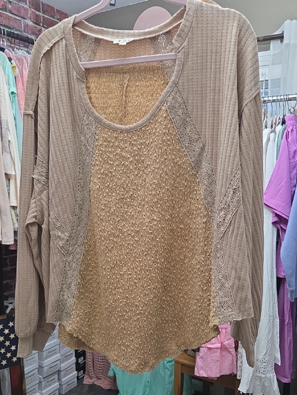 POL Taupe & Beige Mixed-Knit Lace-Trim Sweatshirt